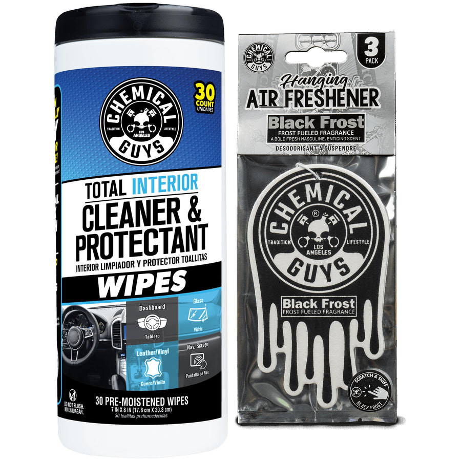 Chemical Guys interior cleaner wipes tub next to a packaged Black Frost hanging air freshener on white background
