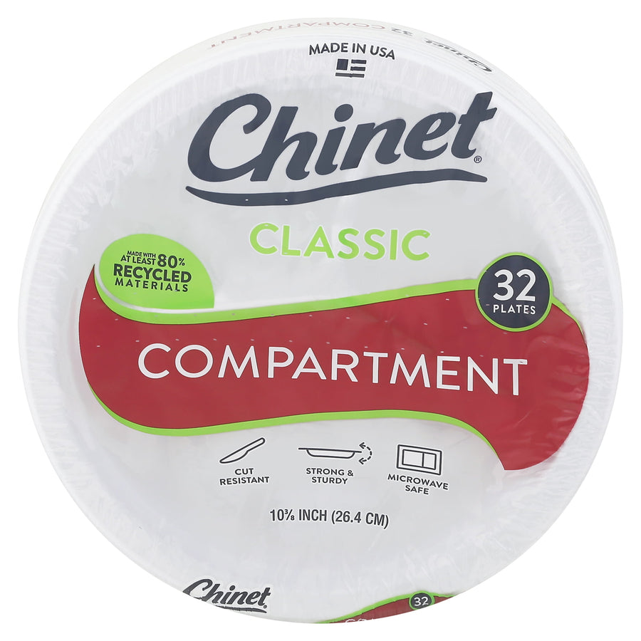 Packaged Chinet Classic compartment plates wrapped in clear plastic showing label with brand, 'COMPARTMENT' banner and '32 plates' callout.