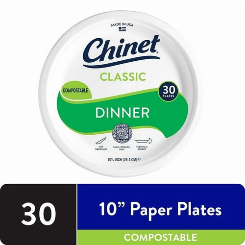 Top-down view of a Chinet Classic compostable dinner paper plate package label showing green branding and a '30 plates' badge.