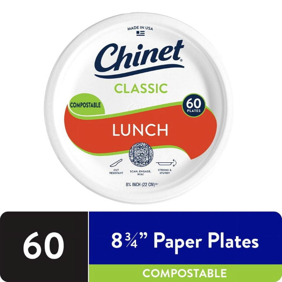 Top-down product shot of a Chinet Classic lunch paper plate package label showing compostable badge and 60-count callout.