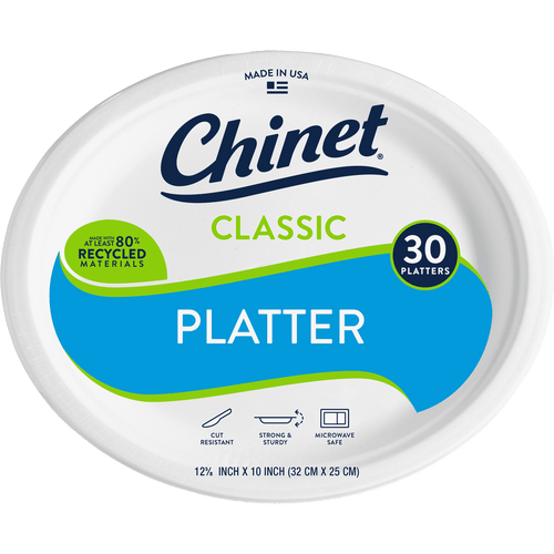 Close-up front label of Chinet Classic platter package showing 'PLATTER' in blue with '30 platters' badge and compostable claim