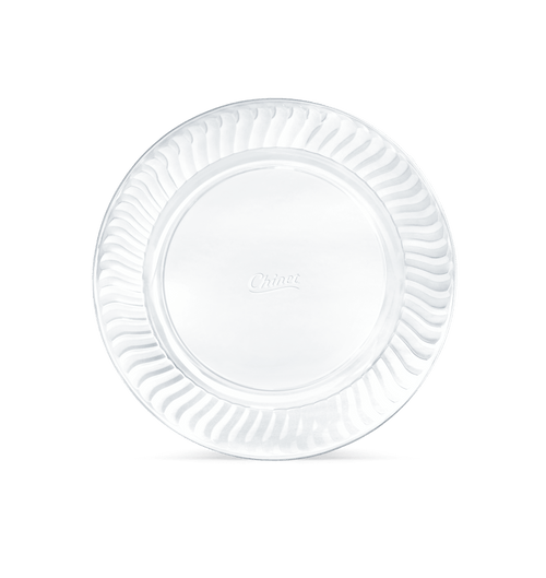 Top-down view of a single Chinet Crystal clear 10-inch plastic dinner plate with embossed Chinet logo.