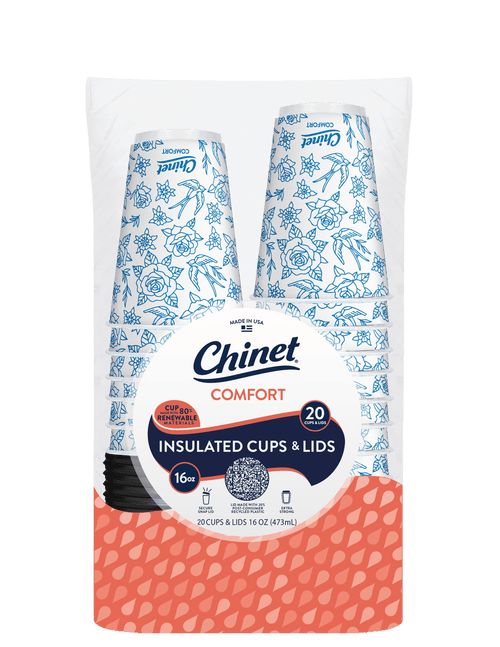 Close-up front view of Chinet Comfort pack of insulated cups and lids with floral cup pattern visible.