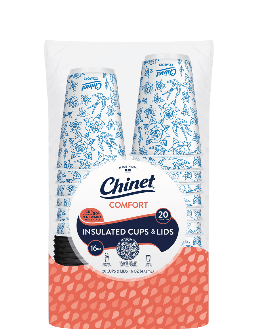 Clear packaged stack of Chinet Comfort insulated paper cups with label and visible lids