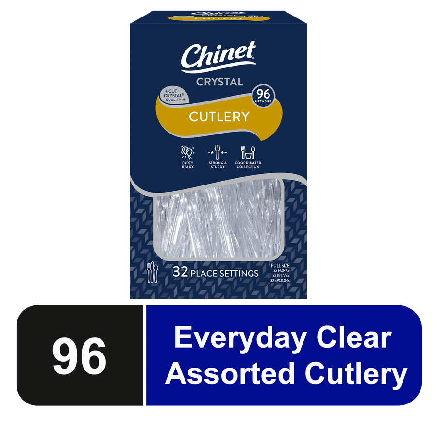 Boxed Chinet Crystal clear plastic cutlery package showing window with utensils and branded navy packaging