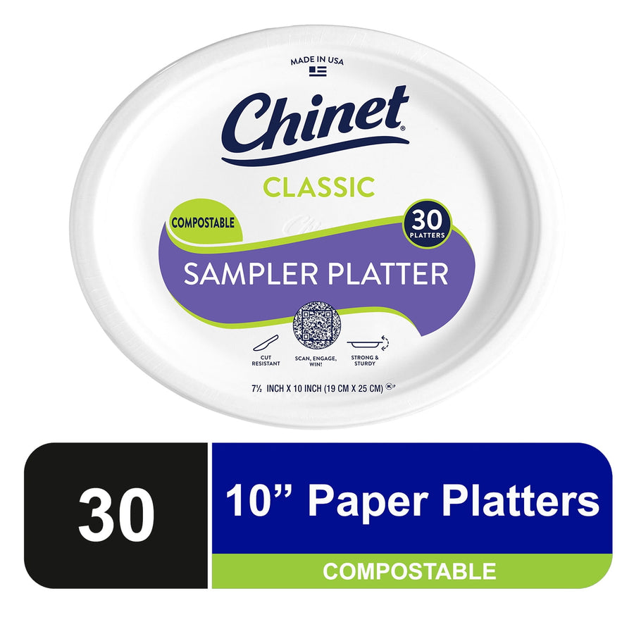 White Chinet Classic sampler platter with purple label reading “Sampler Platter” and a 30-count banner