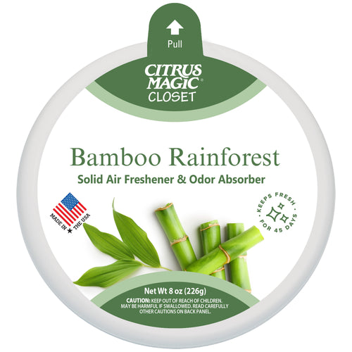 Top-down view of a Citrus Magic Closet Bamboo Rainforest solid air freshener tin with bamboo graphics and pull tab