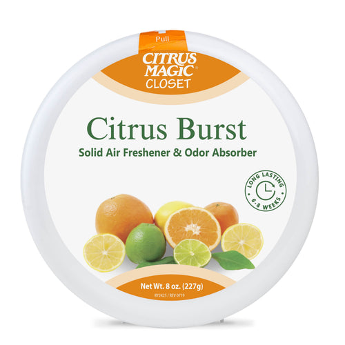 Top-down view of a Citrus Magic Closet Citrus Burst solid air freshener lid with citrus artwork