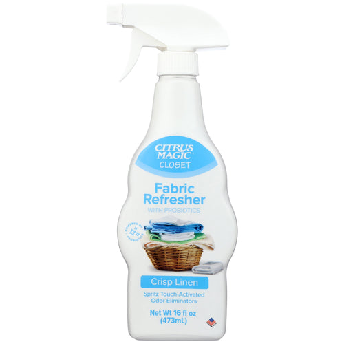 White Citrus Magic Closet fabric refresher spray bottle labeled ‘Crisp Linen’ with wicker-laundry graphic