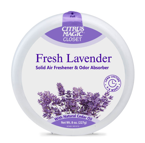 Round Citrus Magic Closet fresh lavender solid air freshener with lavender illustration and purple label