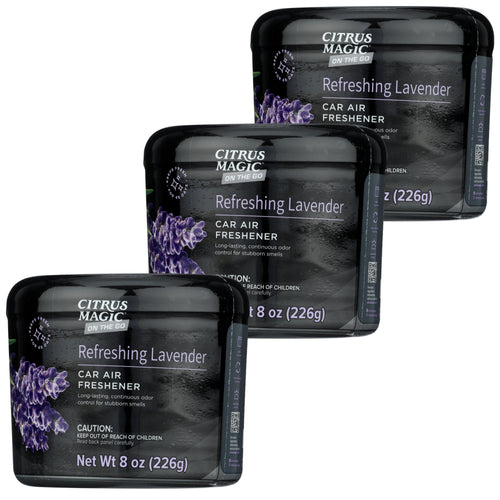 Three Citrus Magic Refreshing Lavender car air freshener tins with lavender imagery on black packaging