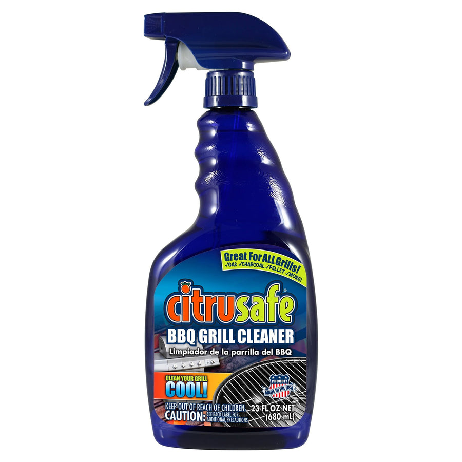 Blue spray bottle of Citrusafe BBQ Grill Cleaner with colorful label and trigger sprayer on white background.