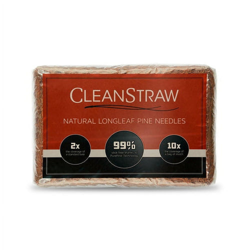 Rectangular wrapped bale of CleanStraw natural longleaf pine needles with red label and three circular claim icons