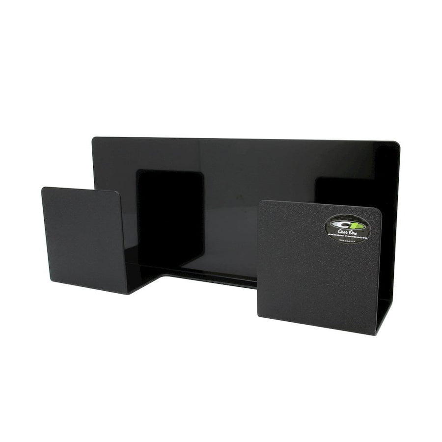 Black steel push-broom holder with two rectangular slots and a small Clear One logo on one side, on white background