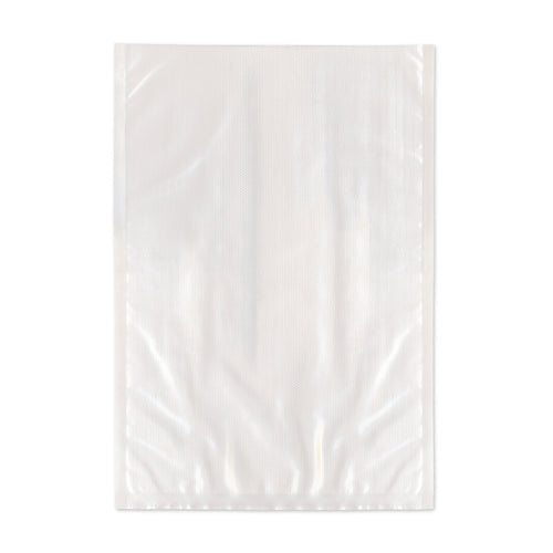 Clear textured vacuum sealer bag laid flat on white background showing embossed sealing channel