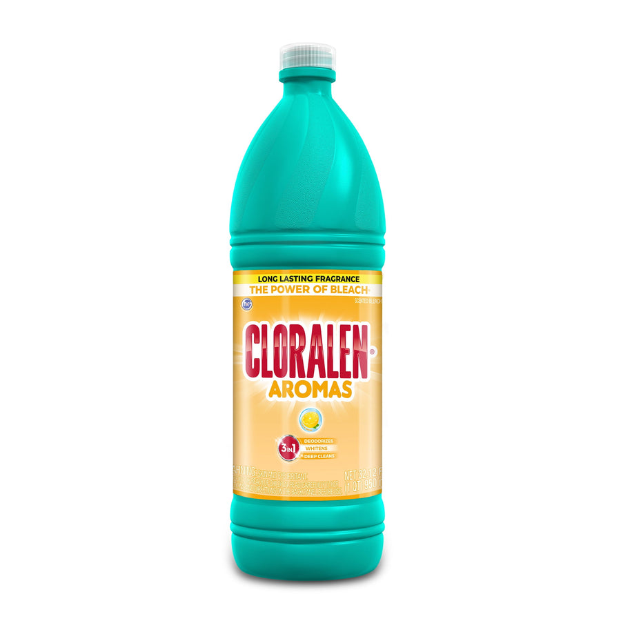 Tall teal plastic bottle of CLORALEN Aromas lemon-scented household bleach with front label on white background