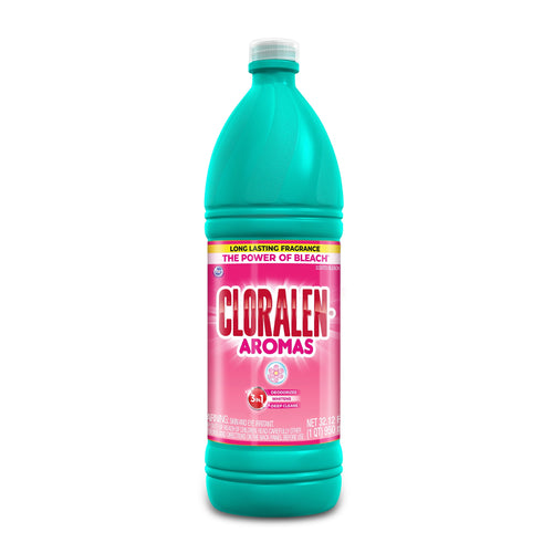 Teal plastic bottle of CLORALEN Aromas scented bleach with pink label on a white background, front view