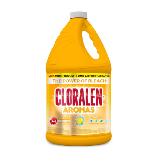 Yellow Cloralen Aromas lemon-scented bleach jug with bold red logo on white background