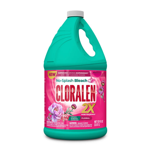 Cloralen floral-scented no-splash bleach bottle with pink label and teal handle against white background