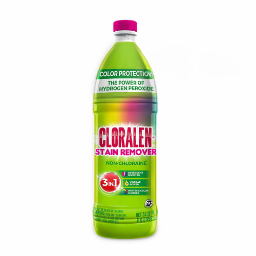 Front view of a bright green Cloralen stain remover bottle with pink cap and product label showing 3-in-1 badge