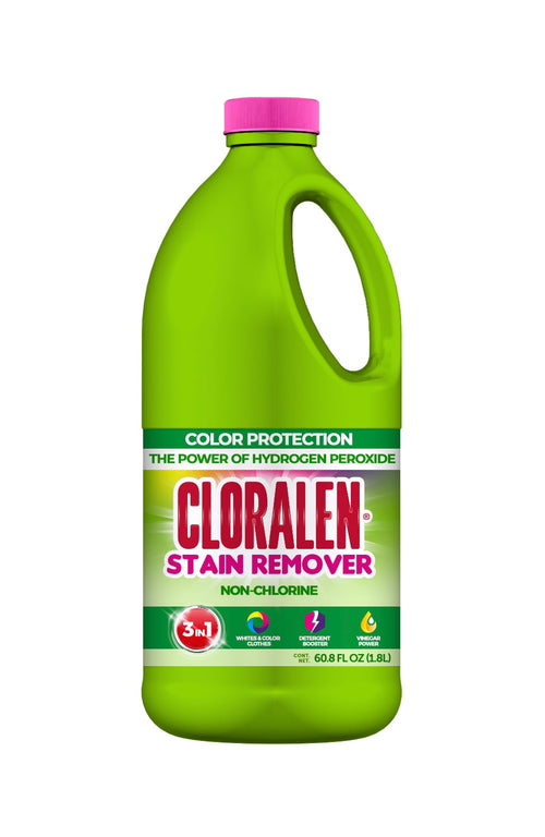 Tall green Cloralen stain remover bottle with pink cap and front product label