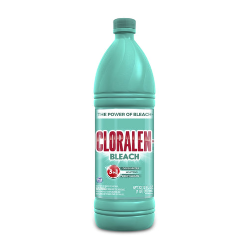 Front-facing teal Cloralen bleach bottle with prominent red logo and label text