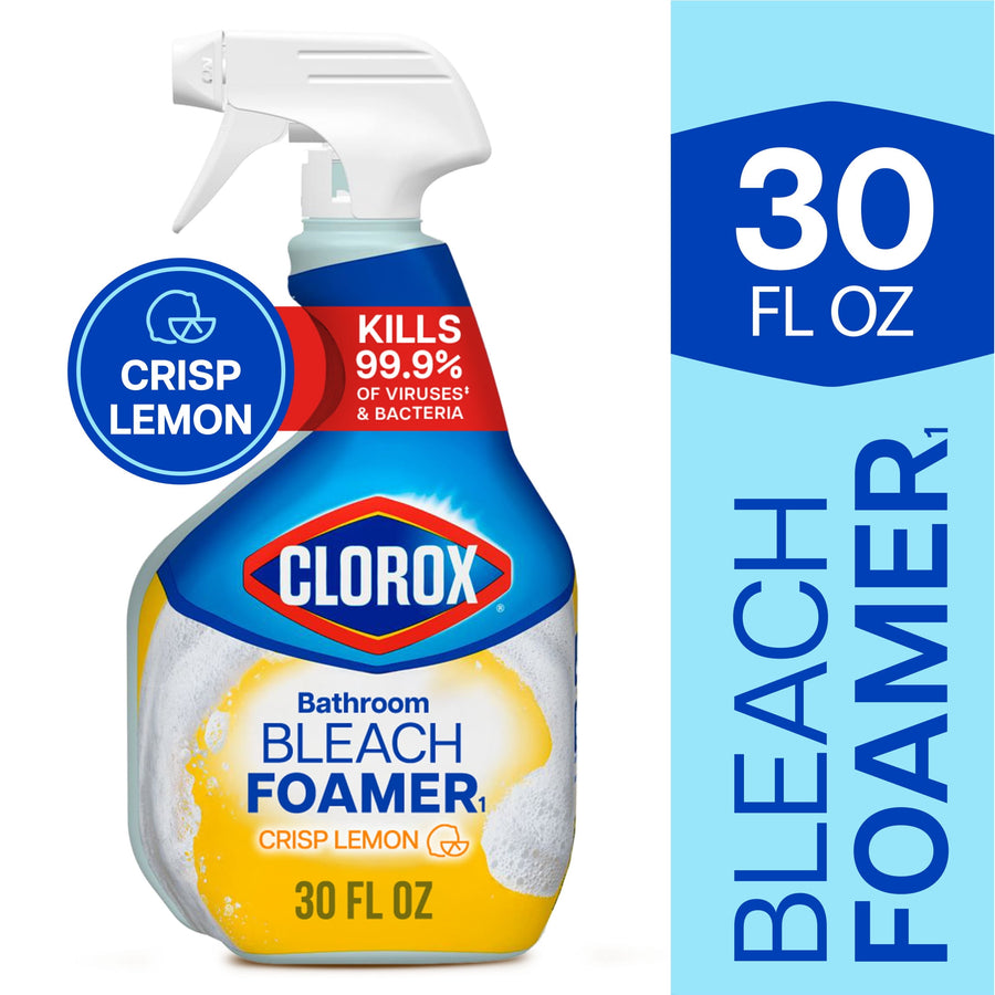 Clorox Bathroom Bleach Foamer spray bottle with crisp lemon label and 30 fl oz callout on a white background.