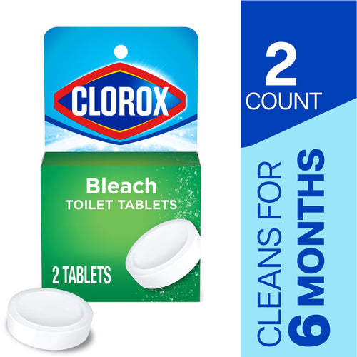 Clorox branded hang-tab package for bleach toilet tablets with two white tablet images