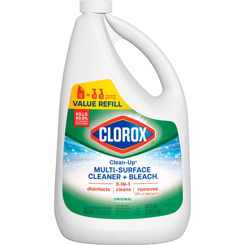 Clorox Clean-Up large refill jug showing the Clorox logo and multi-surface cleaner + bleach label on a white bottle.
