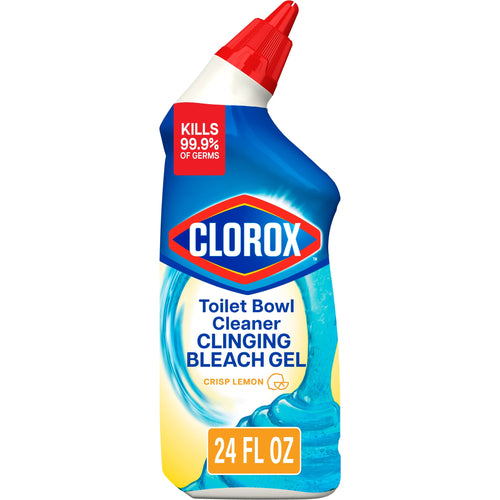 Single upright Clorox Clinging Bleach Gel toilet bowl cleaner bottle with red angled nozzle and blue label