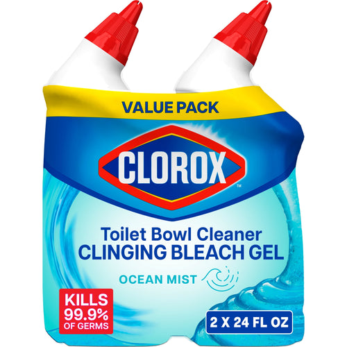 Clorox value pack label showing two angled bottles and branding for Clinging Bleach Gel Ocean Mist