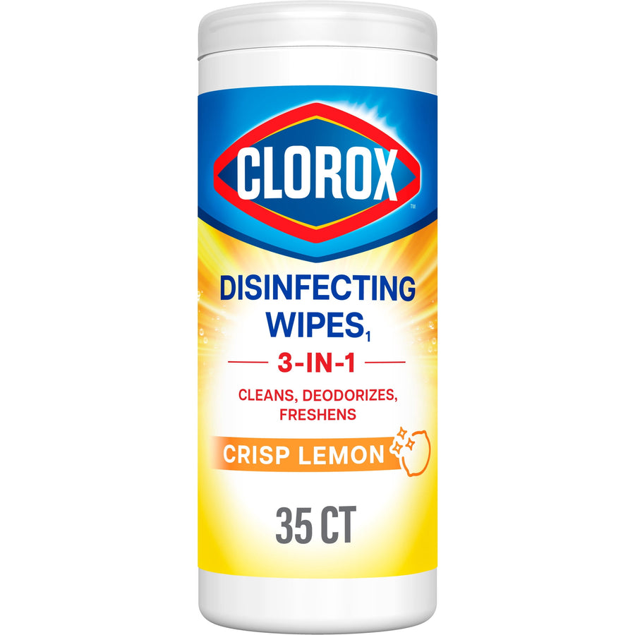 Single cylindrical Clorox disinfecting wipes canister with crisp lemon branding on white background