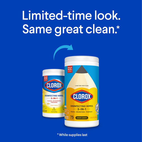 Two Clorox disinfecting wipes canisters with limited-edition crisp lemon label on blue background