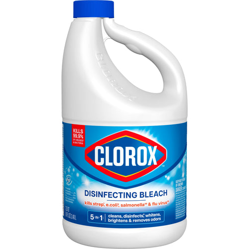 Front view of a white Clorox disinfecting bleach bottle with blue cap and label showing the Clorox logo and product benefits.