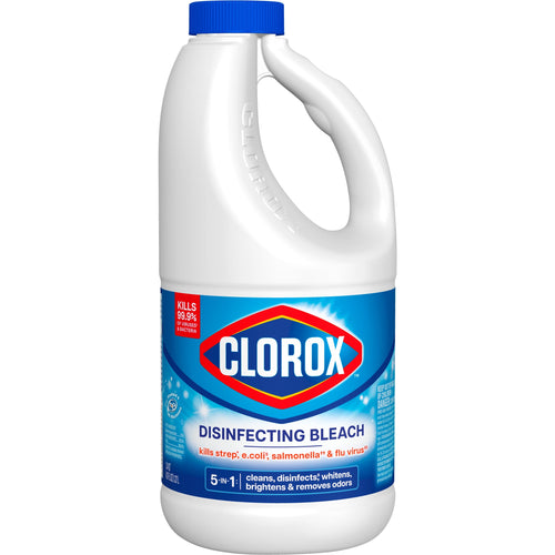 White plastic jug of Clorox disinfecting bleach with blue cap and full product label visible on a white background