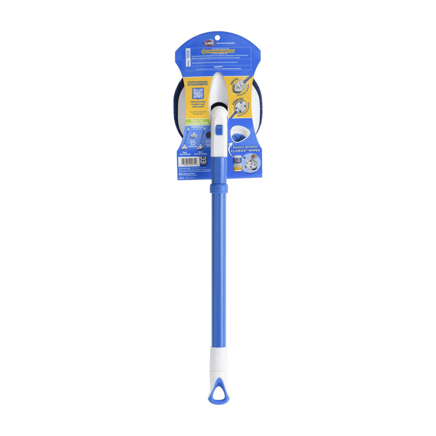 Full-length blue and white Clorox extendable tub and tile scrubber shown hanging on its retail packaging