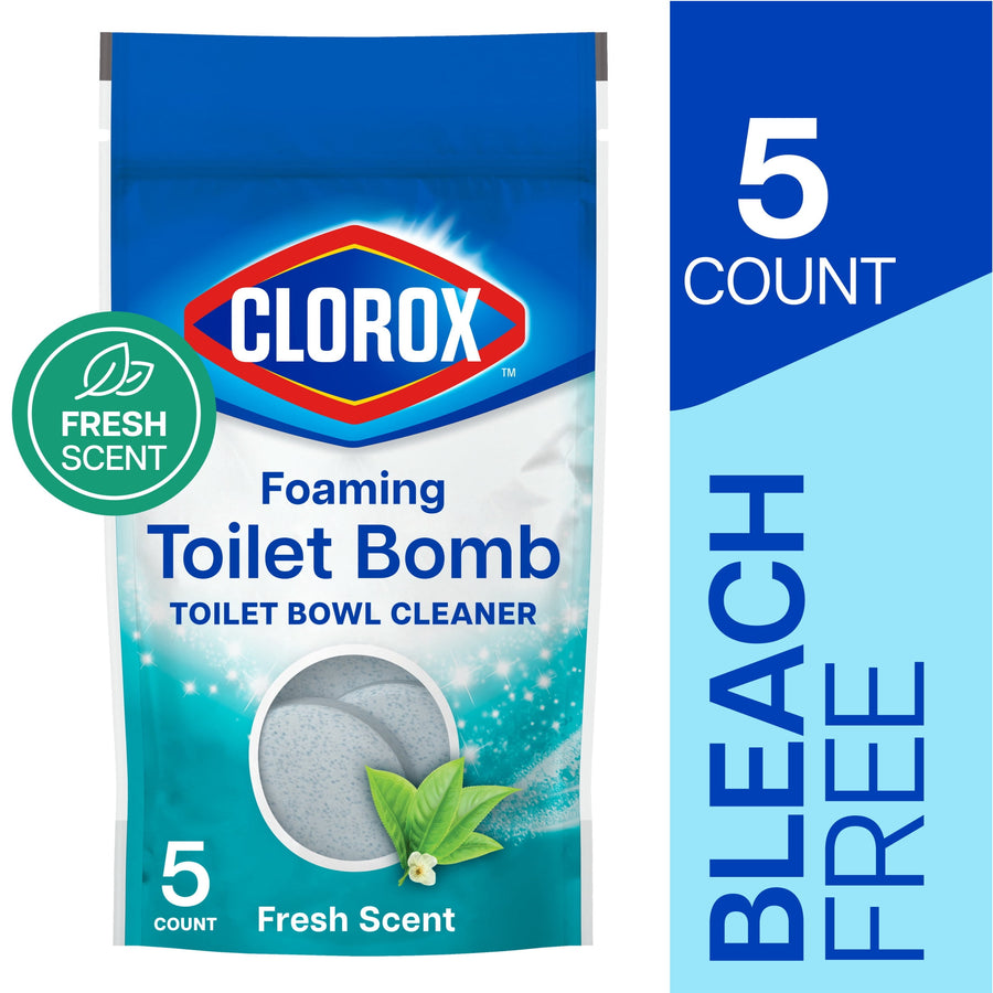 Front of Clorox Foaming Toilet Bomb resealable pouch showing product name, mint graphic and fresh scent badge
