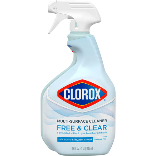 Clear plastic Clorox Free & Clear multi-surface cleaner spray bottle with label and white trigger sprayer