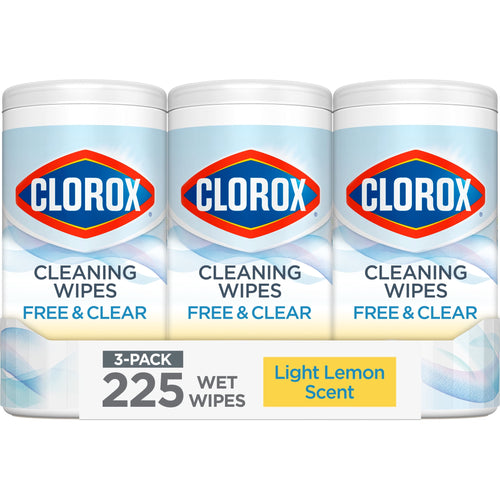 Three Clorox Free & Clear cleaning wipes canisters in a 3-pack with light lemon label