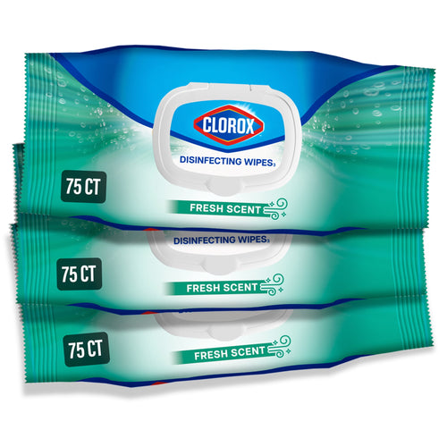 Three stacked Clorox Disinfecting Wipes flexible packs in fresh scent packaging with visible 75 CT label
