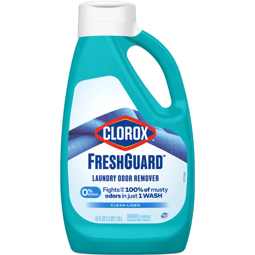 Studio photo of a teal Clorox FreshGuard laundry odor remover bottle showing label and handle against white background