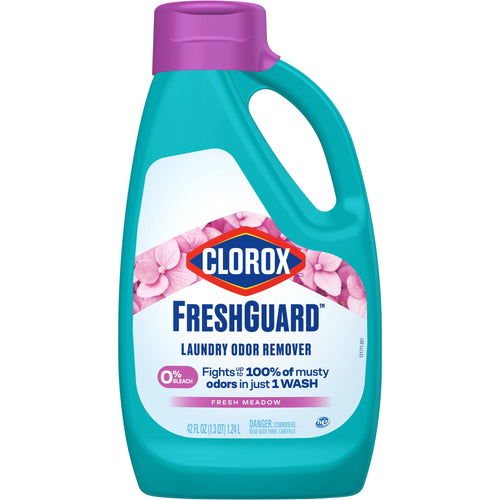 Standalone teal Clorox FreshGuard laundry odor remover bottle with label and purple cap