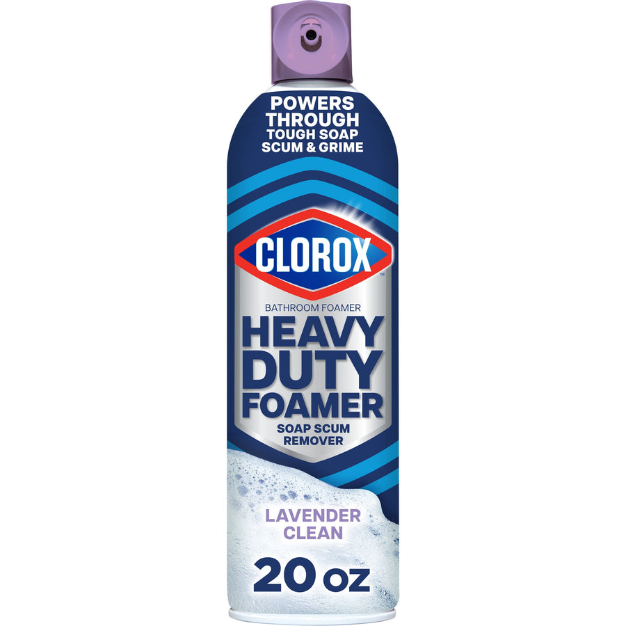 Tall aerosol can of Clorox Heavy Duty Foamer with lavender cap and visible '20 oz' text