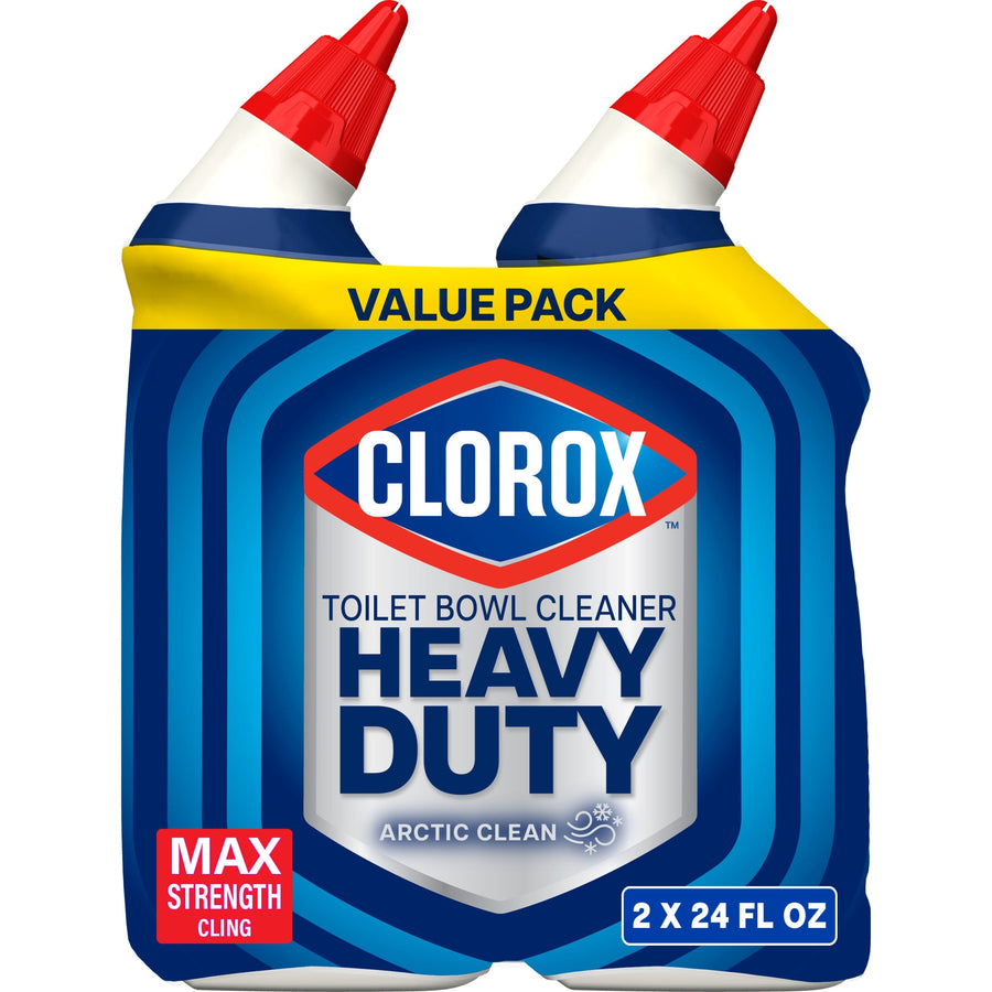 Two Clorox Heavy Duty toilet bowl cleaner bottles in blue packaging with red caps and a yellow value pack band