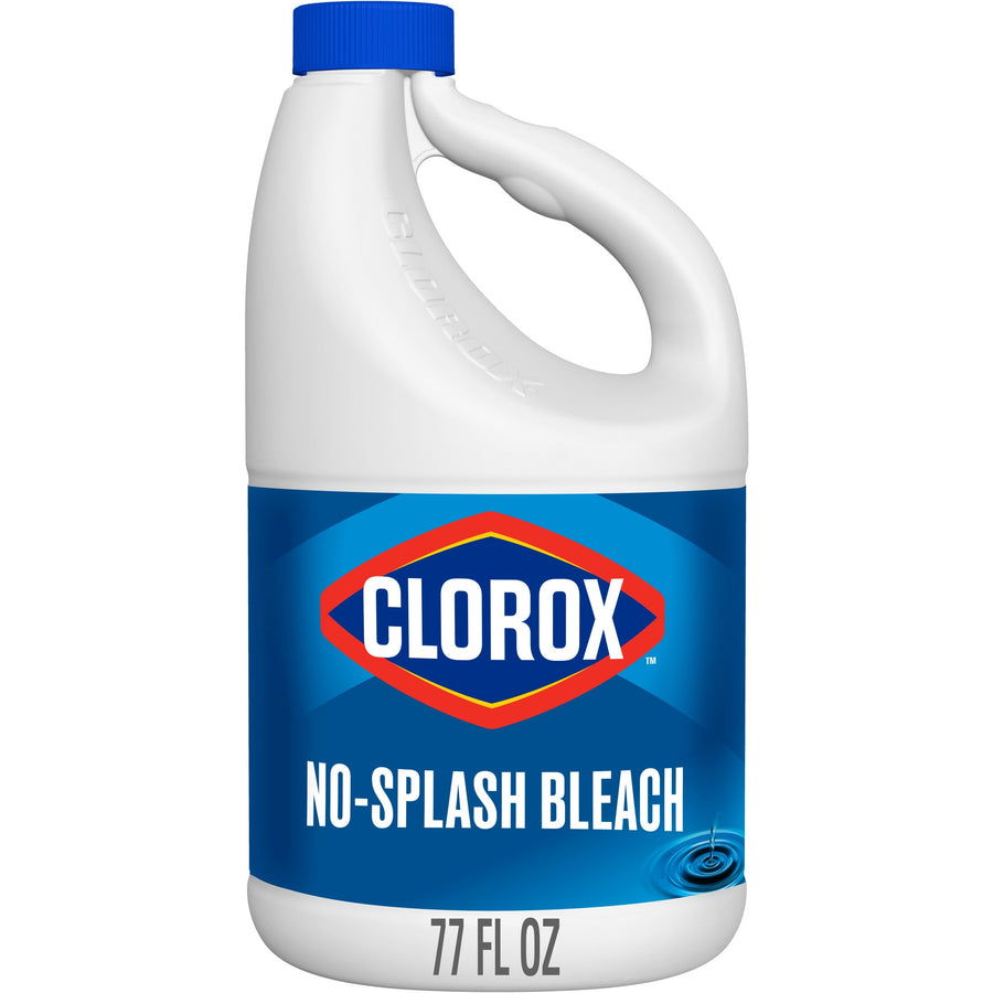 Single Clorox No-Splash Bleach jug with blue label and cap, front view on white background