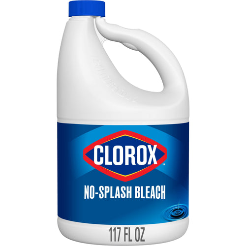 Front view of a Clorox No-Splash Bleach white jug with blue label and blue cap, 117 fl oz marking at base
