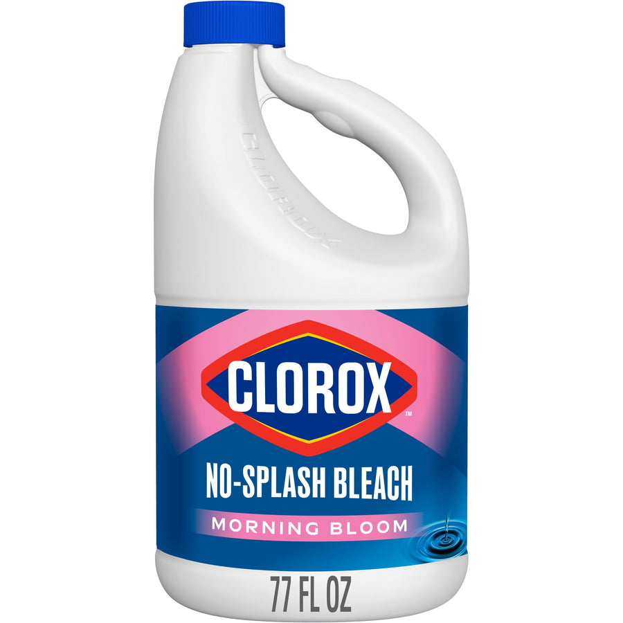 White gallon jug of Clorox No-Splash Bleach with blue and pink Morning Bloom label