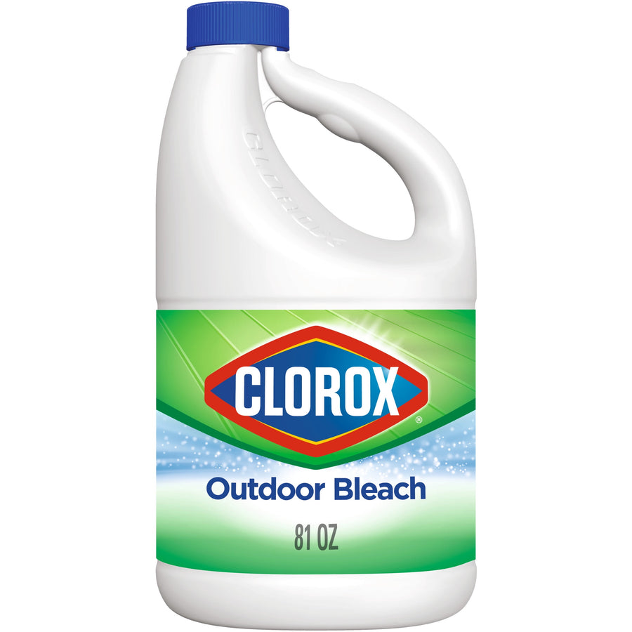 White one-gallon Clorox jug with green and blue 'Clorox Outdoor Bleach' label and blue cap