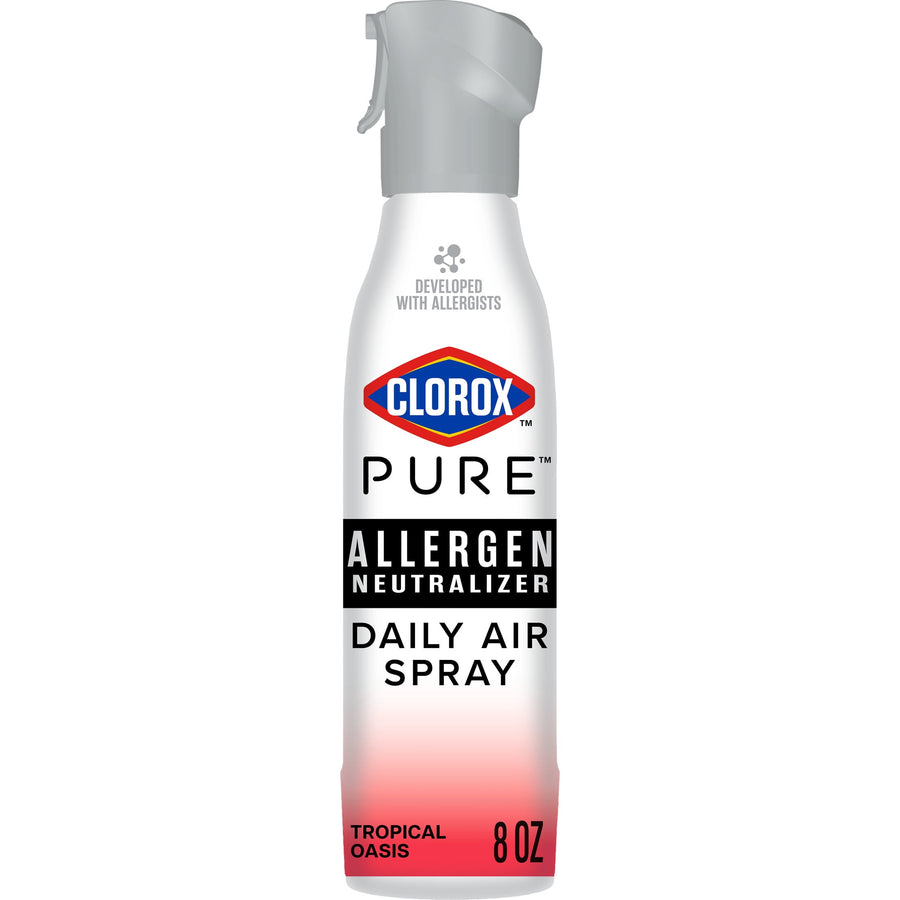 Tall Clorox PURE allergen neutralizer daily air spray can with gray nozzle and pink gradient base on white background.