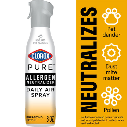 Clorox PURE allergen neutralizer daily air spray canister with gray spray top and energizing citrus gradient